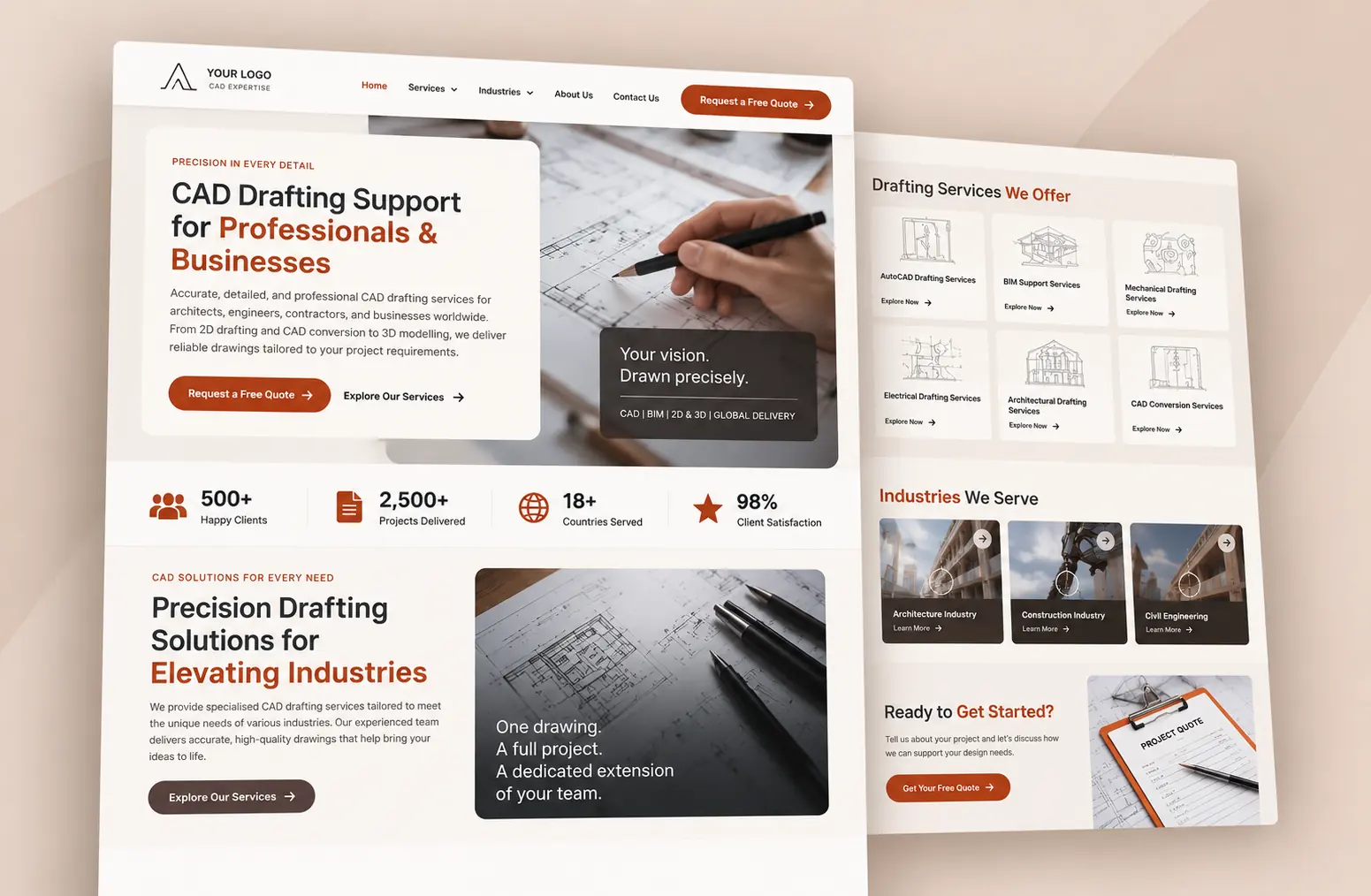CAD Drafting Services concept website — landing page for a drafting outsourcing firm with a service breakdown, industries served, a worldwide-coverage section and a quote request