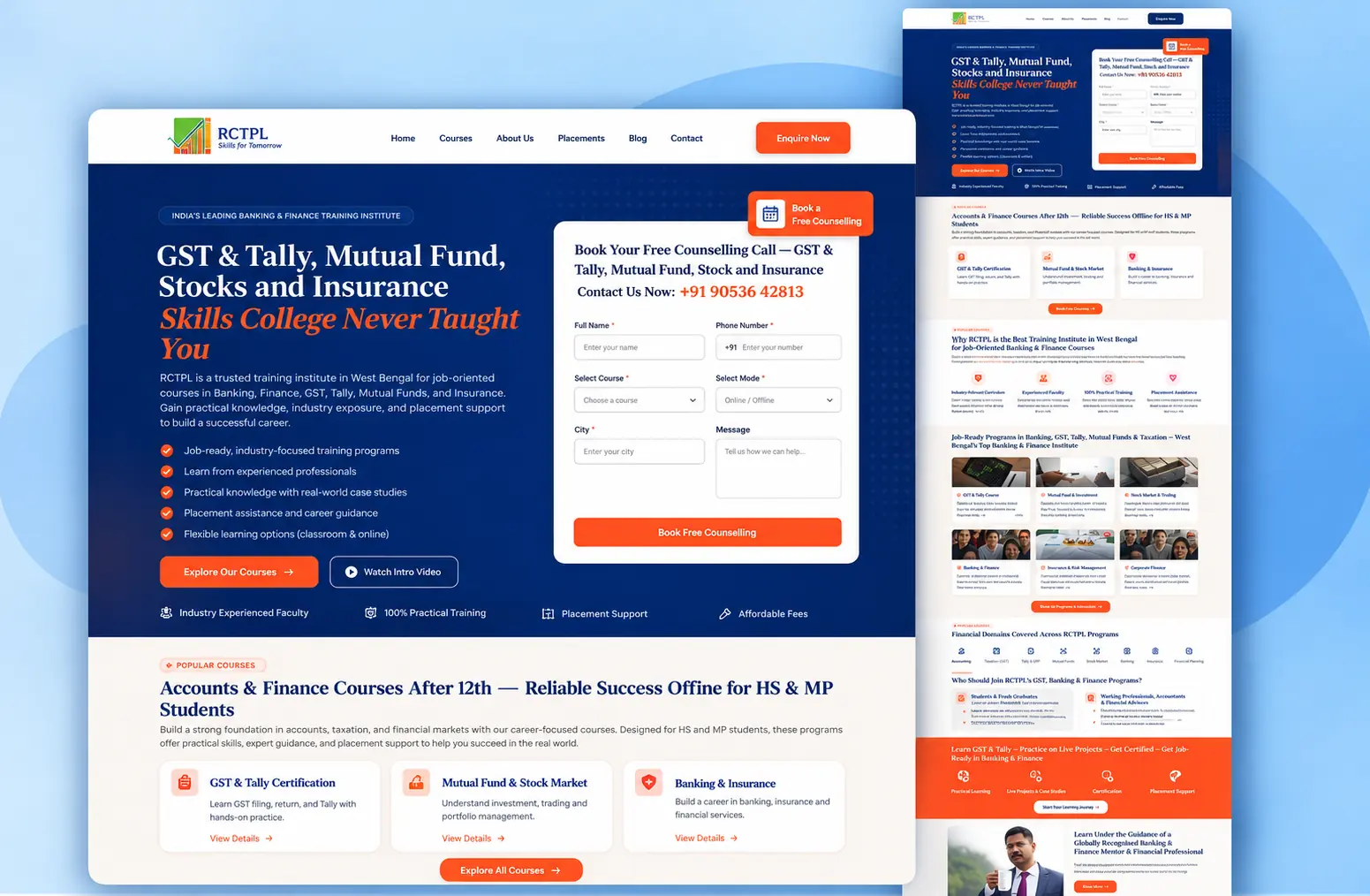 BCIPL admissions landing page — banking and finance training institute with a counselling booking form, course cards and placement proof