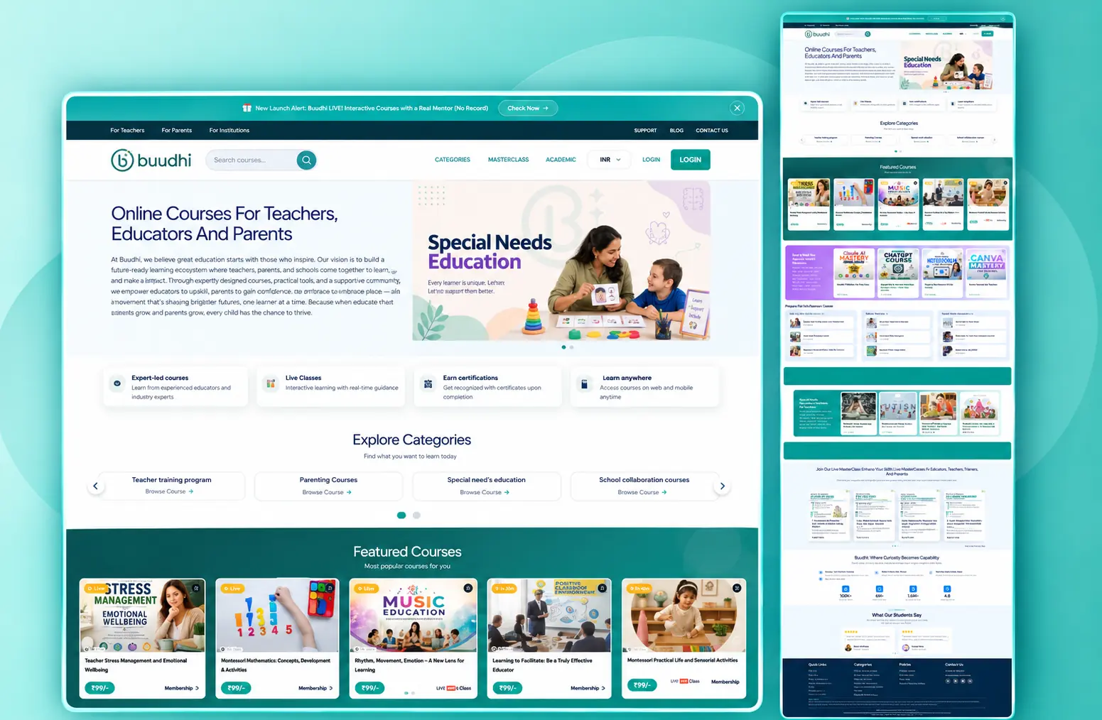Buudhi online learning platform — course marketplace for teachers, educators and parents with categories, featured courses and live classes