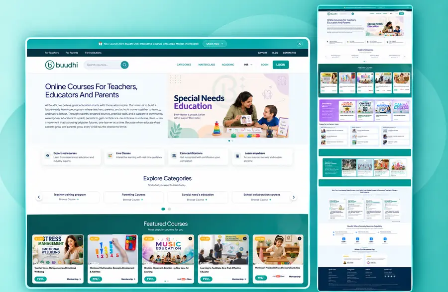 Buudhi online learning platform — course marketplace for teachers, educators and parents with categories, featured courses and live classes