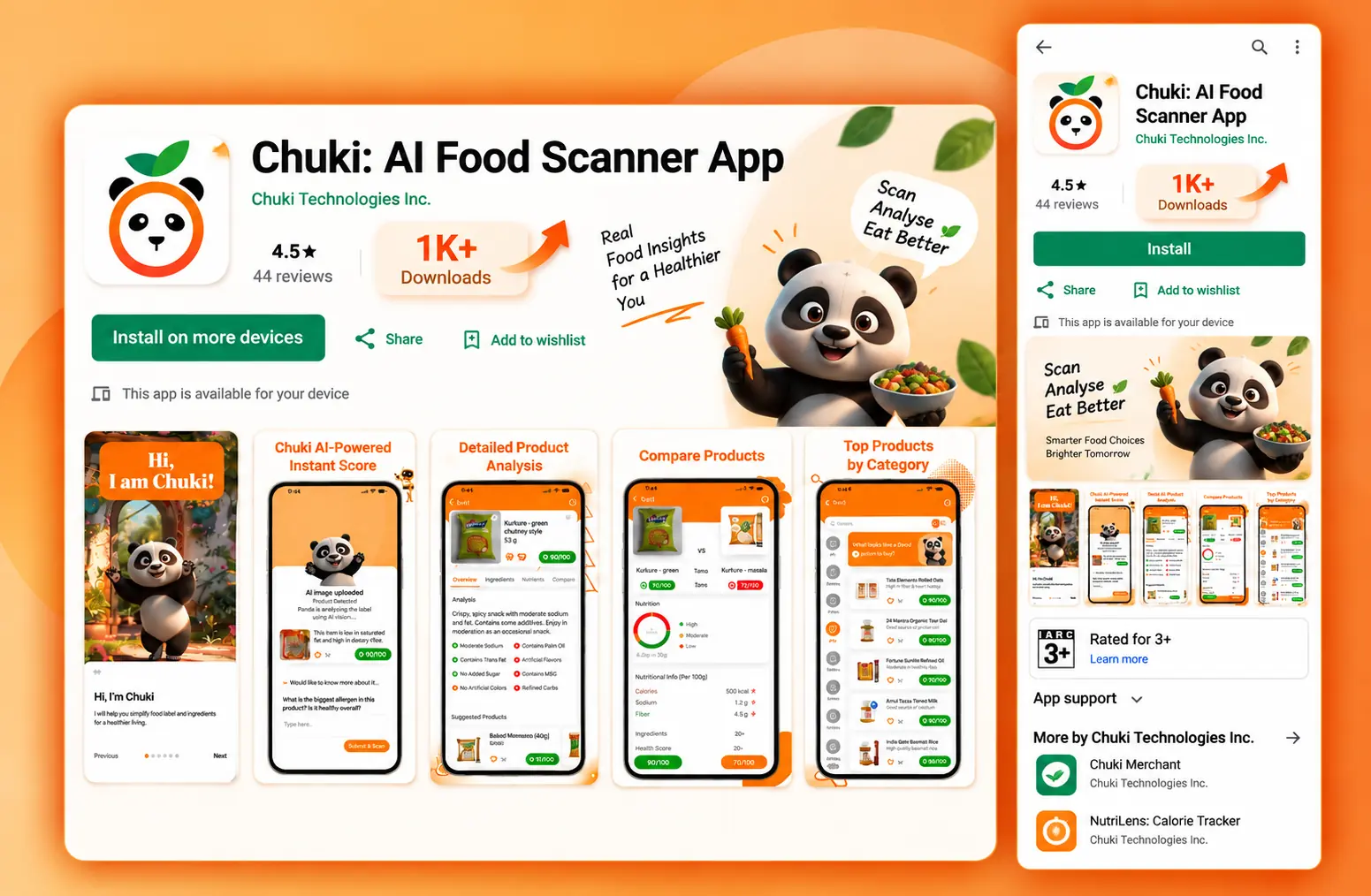Chuki: AI Food Scanner App on Google Play — store listing with onboarding, instant score, product analysis and comparison screens