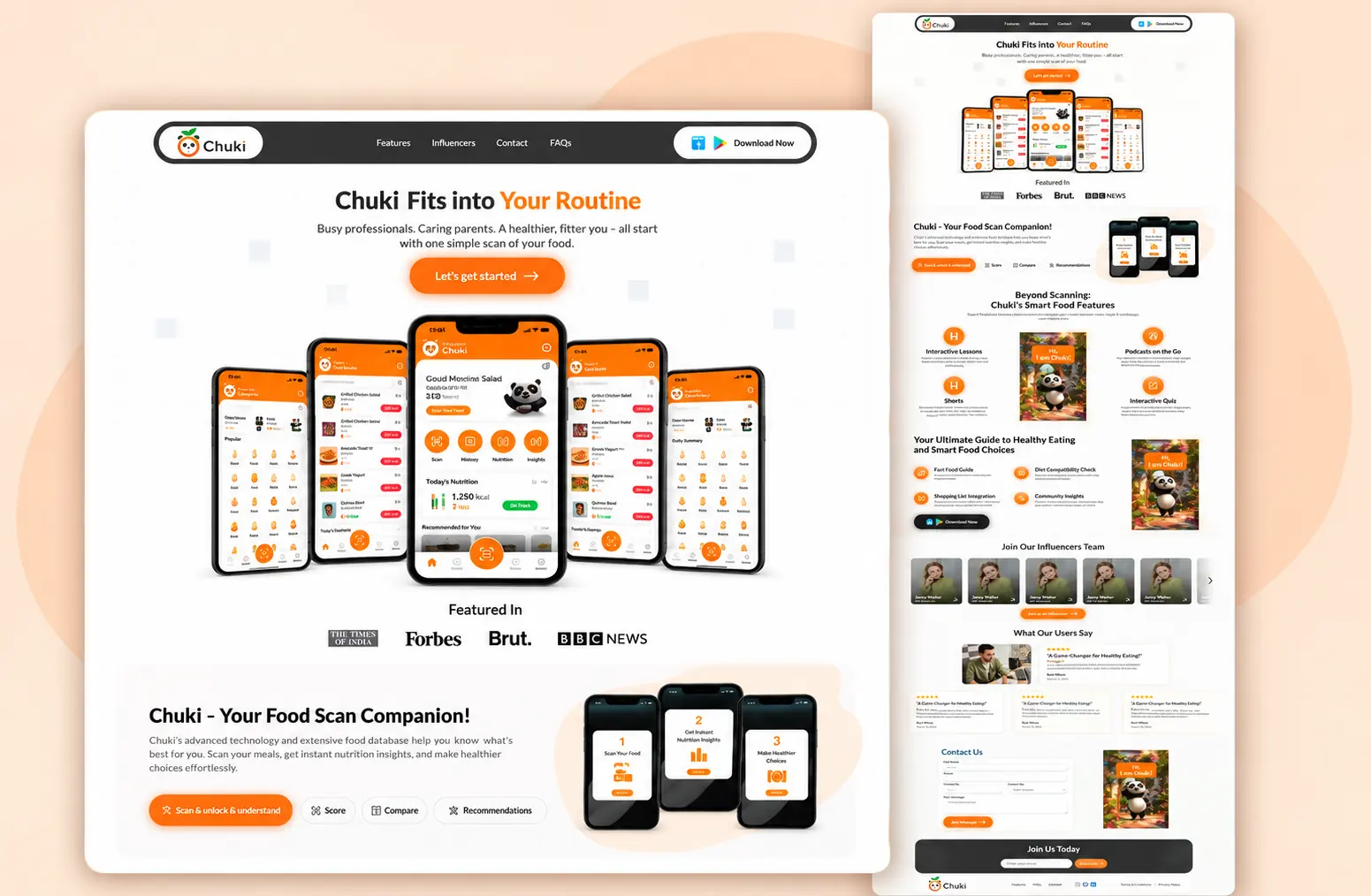 Chuki web product — landing page with the app's scan, score and nutrition screens, and the full page scroll