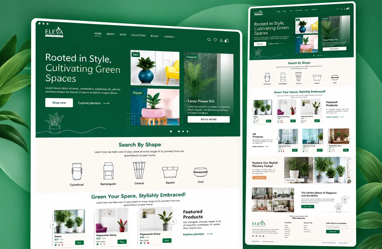 Eleva concept e-commerce site — plant and planter store with search by pot shape, featured products and styled interior imagery