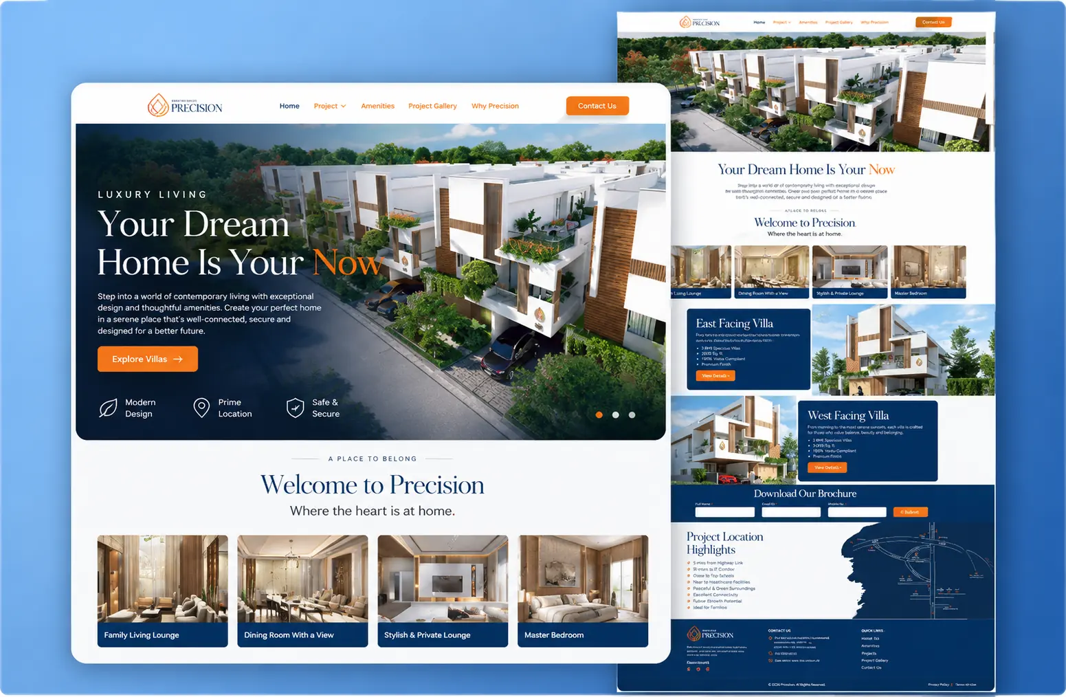 Geethika Ensconsia Precision villas website — luxury residential project with villa configurations, interiors gallery, brochure download and location highlights