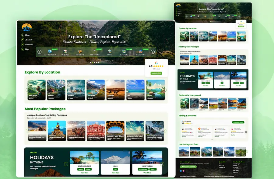 Ecstatic Explorers travel website — destination and package browsing, themed holidays, Google reviews and a live Instagram feed