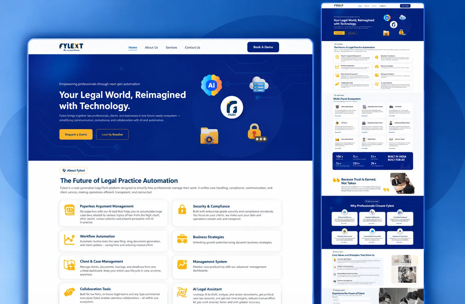 Fylext LegalTech platform website — legal practice automation with paperless argument management, workflow automation and a multi-panel ecosystem