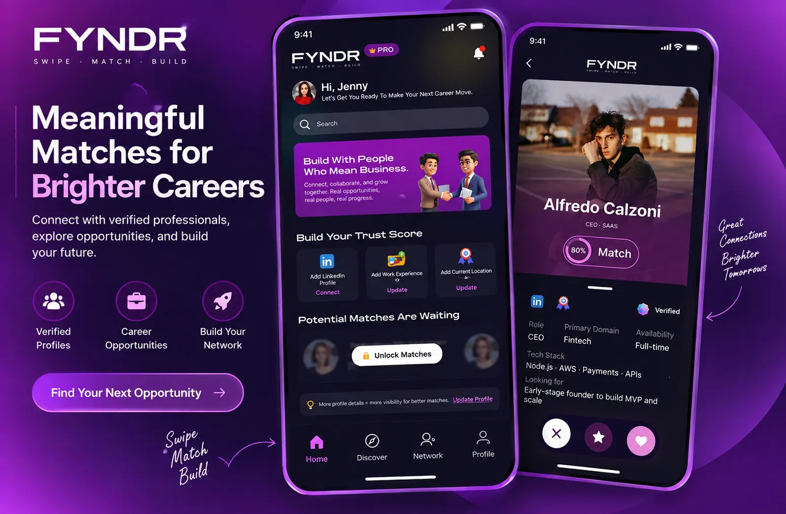 Fyndr concept app — professional networking with a trust score, verified profiles and a swipe-based match interface showing role, domain and tech stack