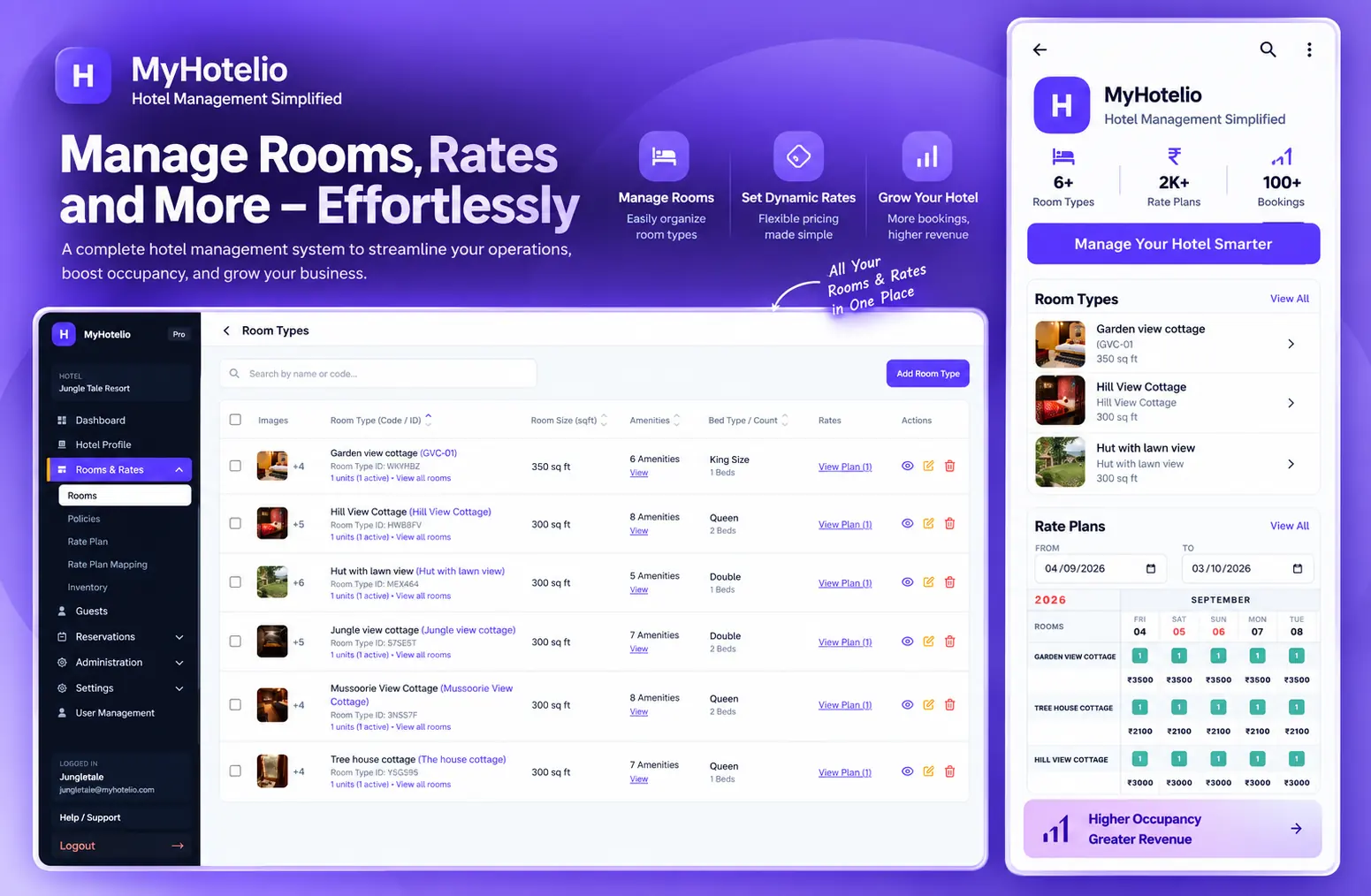 MyHotelio hotel management system — room types dashboard with rate plans and inventory calendar, plus the mobile view
