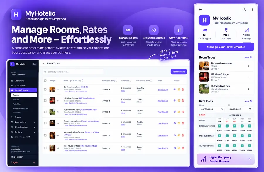 MyHotelio hotel management system — room types dashboard with rate plans and inventory calendar, plus the mobile view