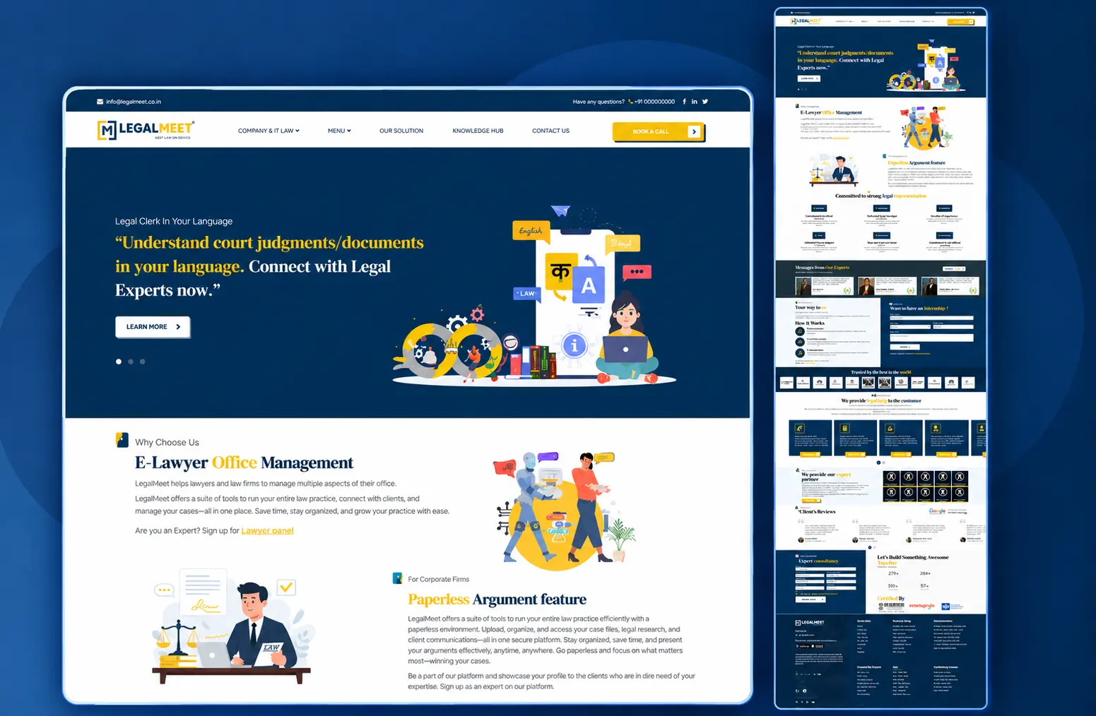 LegalMeet platform website — legal clerk in your language, e-lawyer office management and paperless argument features