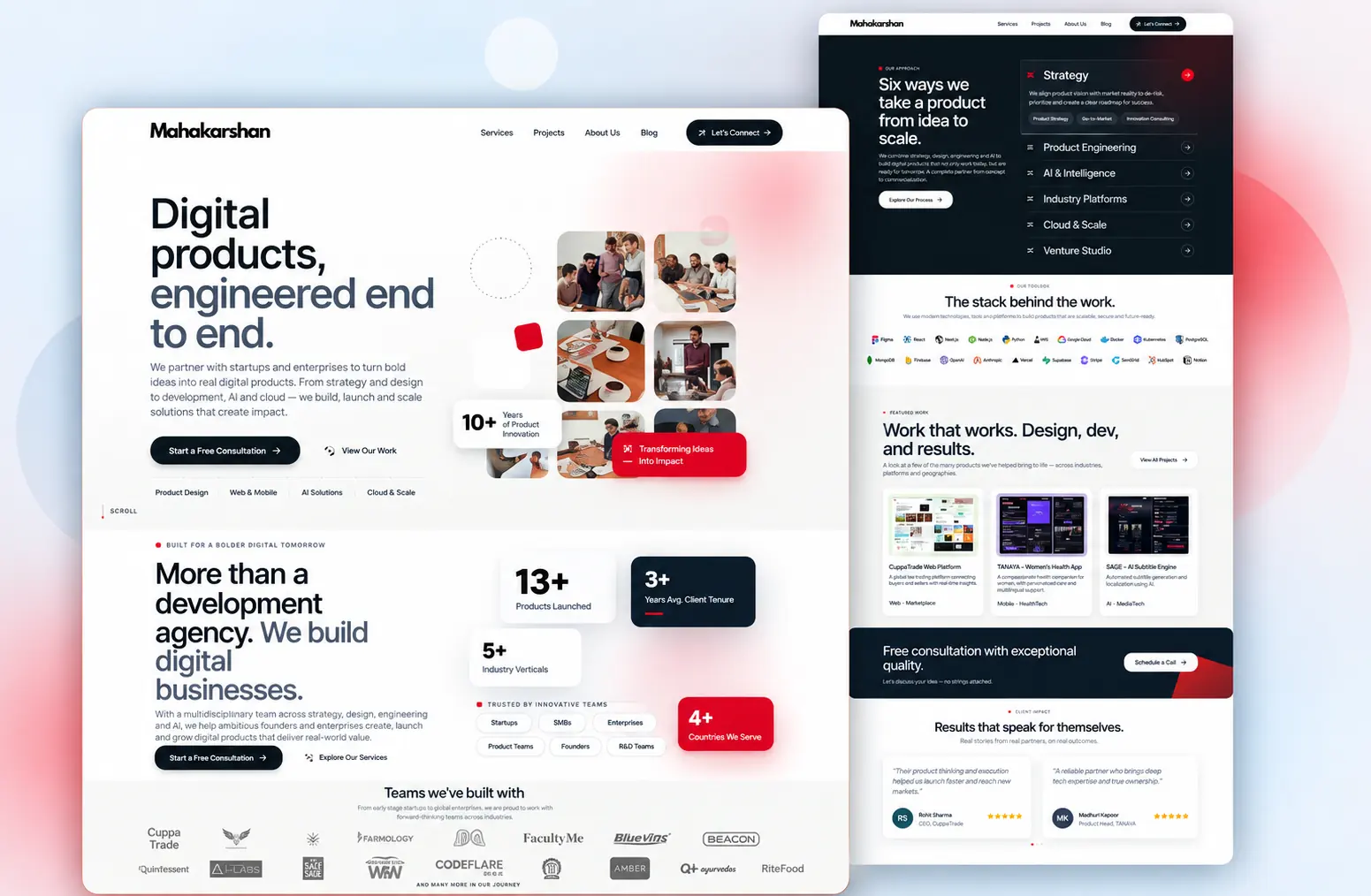 Mahakarshan Technologies website — digital product engineering studio with strategy, product engineering, AI, cloud and venture studio services