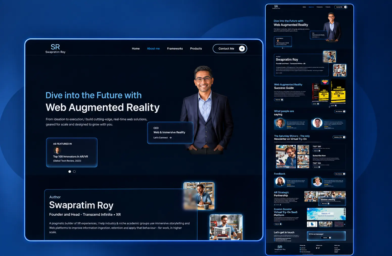 Swapratim Roy personal brand website — Web Augmented Reality author and founder, with books, frameworks, newsletter and products
