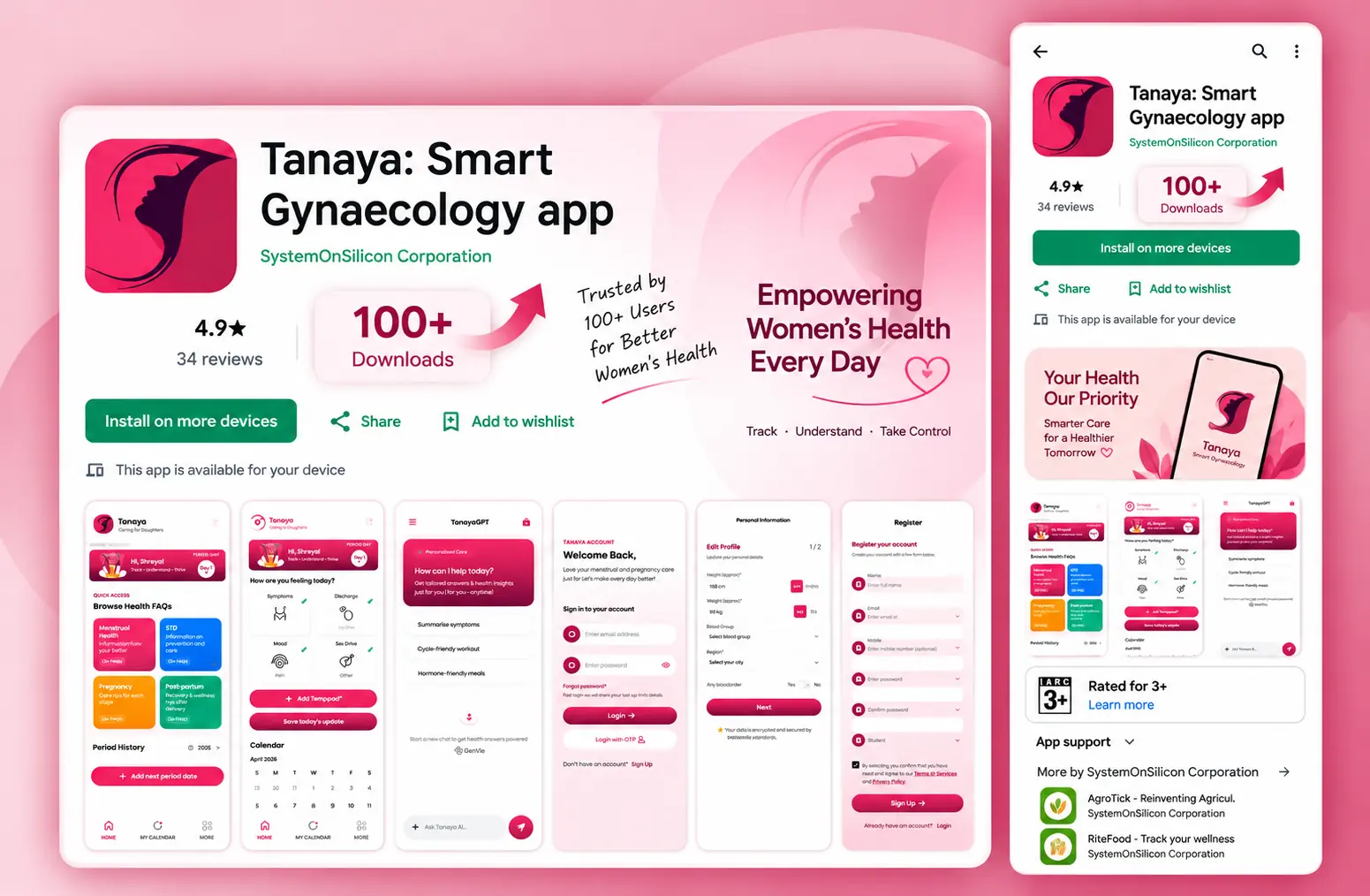 Tanaya: Smart Gynaecology app on Google Play — health FAQs, symptom tracking, cycle calendar, an AI assistant and account screens